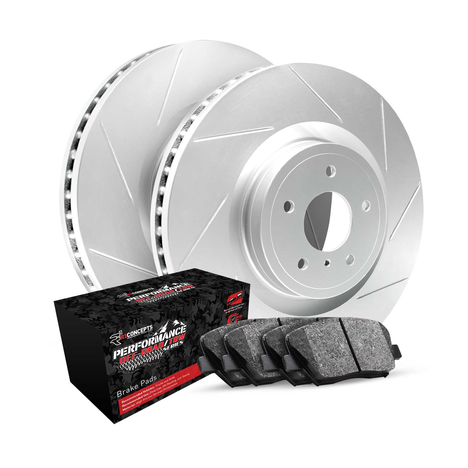 Silver slotted rotors with Performance Off-Road/Tow pads - Best R1 Concepts Brake Pads & Rotors for the Dodge Ram (2010–2023)