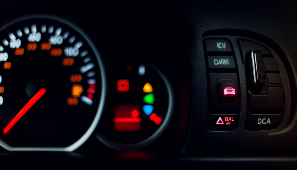 Car dashboard with illuminated parking brake warning light
