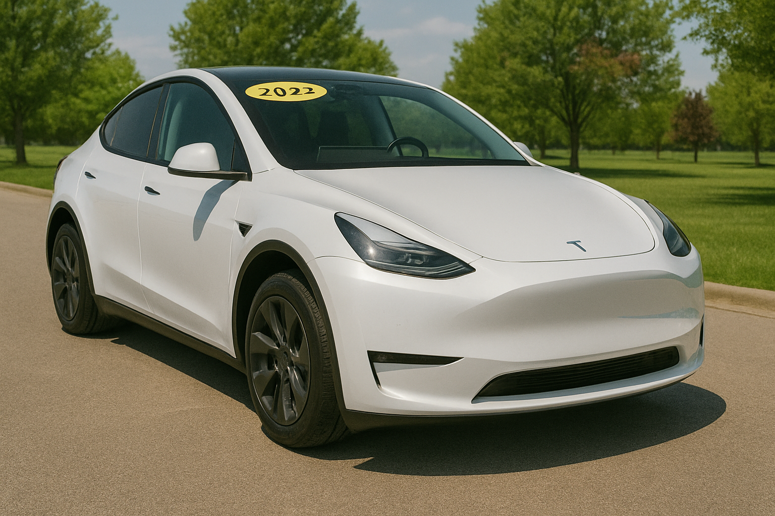 Tesla Model Y electric SUV showing front brake rotor and caliper assembly