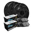 R1 eLINE Black Series Drilled and Slotted Brake Rotors; R1 CERAMIC European Series Brake Pads