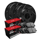 R1 eLINE Black Series Drilled and Slotted Brake Rotors; R1 OPTIMUM OEp Series Brake Pads