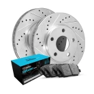 R1 eLINE Silver Series Drilled and Slotted Brake Rotors; R1 CERAMIC Series Brake Pads