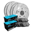 R1 eLINE Silver Series Drilled and Slotted Brake Rotors; R1 CERAMIC Series Brake Pads