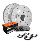 R1 eLINE Silver Series Drilled and Slotted Brake Rotors; R1 SUPER Heavy Duty Series Brake Pads; Hardware
