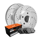 R1 eLINE Silver Series Drilled and Slotted Brake Rotors; R1 SUPER Heavy Duty Series Brake Pads