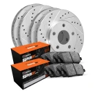 R1 eLINE Silver Series Drilled and Slotted Brake Rotors; R1 SUPER Heavy Duty Series Brake Pads