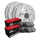 R1 eLINE Silver Series Drilled and Slotted Brake Rotors; R1 OPTIMUM OEp Series Brake Pads