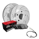 R1 eLINE Silver Series Drilled and Slotted Brake Rotors; R1 OPTIMUM OEp Series Brake Pads; Sensor