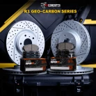 R1 GEO-Carbon Series Drilled and Slotted Brake Rotors; R1 SUPER Heavy Duty Series Brake Pads