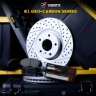 R1 GEO-Carbon Series Drilled and Slotted Brake Rotors; R1 SUPER Heavy Duty Series Brake Pads; Sensor