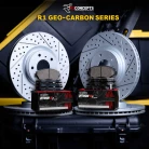 R1 GEO-Carbon Series Drilled and Slotted Brake Rotors; R1 OPTIMUM OEp Series Brake Pads
