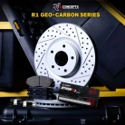 R1 GEO-Carbon Series Drilled and Slotted Brake Rotors; R1 OPTIMUM OEp Series Brake Pads; Hardware