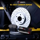 R1 GEO-Carbon Series Drilled and Slotted Brake Rotors; R1 OPTIMUM OEp Series Brake Pads; Sensor