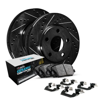 R1 eLINE Black Series Drilled and Slotted Brake Rotors; R1 CERAMIC European Series Brake Pads; Hardware