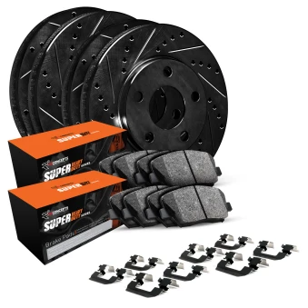 Black Drilled & Slotted Rotors with SUPER Heavy Duty Pads and Hardware