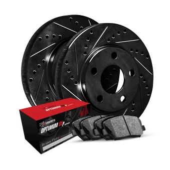 R1 eLINE Black Series Drilled and Slotted Brake Rotors; R1 OPTIMUM OEp Series Brake Pads