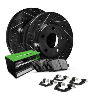 R1 eLINE Black Series Drilled and Slotted Brake Rotors; R1 PERFORMANCE Sport Series Brake Pads; Hardware