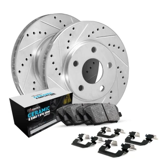 R1 eLINE Silver Series Drilled and Slotted Brake Rotors; R1 CERAMIC European Series Brake Pads; Hardware