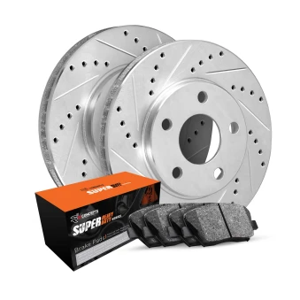 R1 eLINE Silver Series Drilled and Slotted Brake Rotors; R1 SUPER Heavy Duty Series Brake Pads