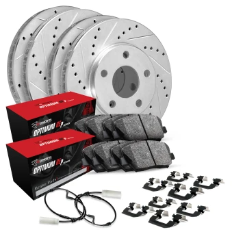 Silver Drilled & Slotted Rotors with OPTIMUM OEp Pads, Hardware and Sensor