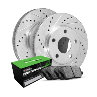 R1 eLINE Silver Series Drilled and Slotted Brake Rotors; R1 PERFORMANCE Sport Series Brake Pads
