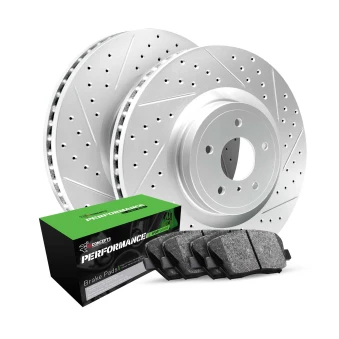 R1 GEO-Carbon Series Drilled and Slotted Brake Rotors; R1 PERFORMANCE Sport Series Brake Pads