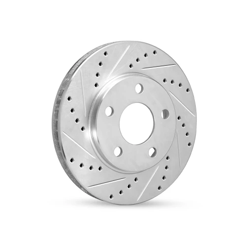 R1 eLINE Silver Series brake rotor with both cross-drilled holes and diamond slots