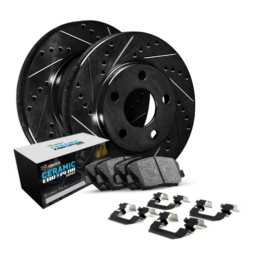 Black Drilled & Slotted Rotors with CERAMIC European Pads and Hardware
