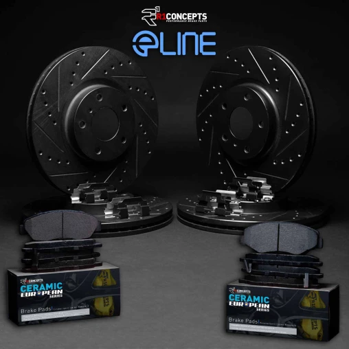 Black Drilled & Slotted Rotors with CERAMIC European Pads and Hardware