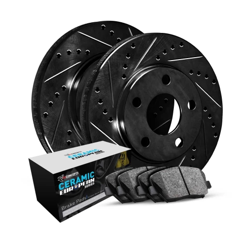 R1 eLINE Black Series Drilled and Slotted Brake Rotors; R1 CERAMIC European Series Brake Pads