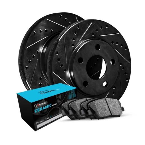 R1 eLINE Black Series Drilled and Slotted Brake Rotors; R1 CERAMIC Series Brake Pads