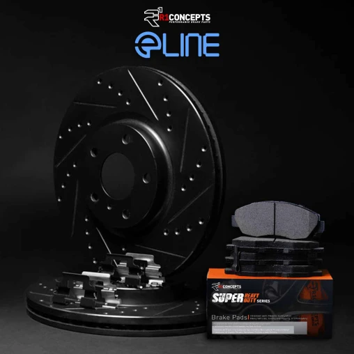 Black Drilled & Slotted Rotors with SUPER Heavy Duty Pads and Hardware