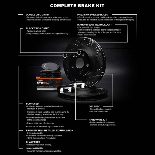 Black Drilled & Slotted Rotors with SUPER Heavy Duty Pads and Hardware