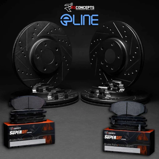 Black Drilled & Slotted Rotors with SUPER Heavy Duty Pads and Hardware