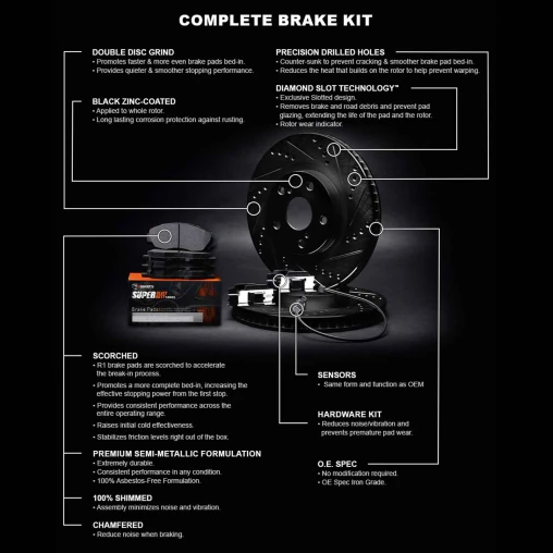 Black Drilled & Slotted Rotors with SUPER Heavy Duty Pads, Hardware and Sensor