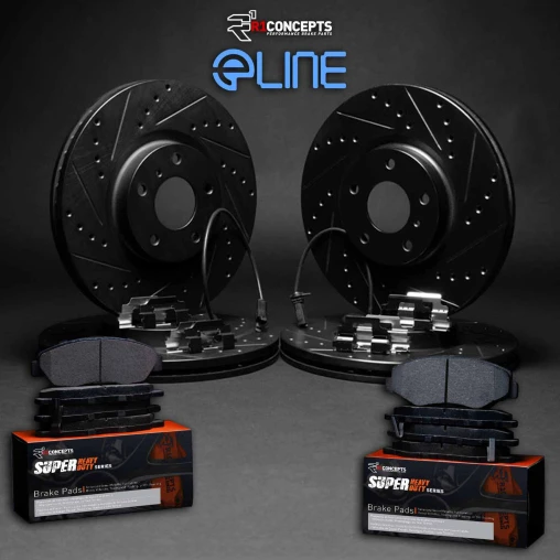 Black Drilled & Slotted Rotors with SUPER Heavy Duty Pads, Hardware and Sensor
