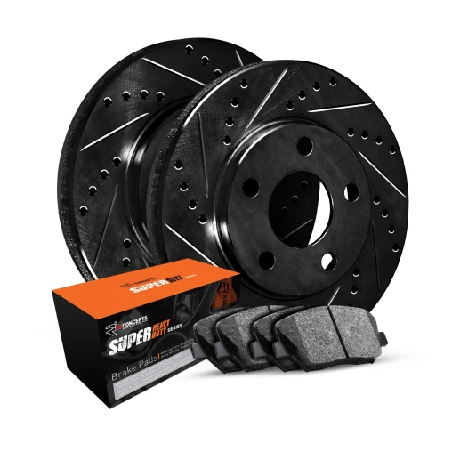 R1 eLINE Black Series Drilled and Slotted Brake Rotors; R1 SUPER Heavy Duty Series Brake Pads