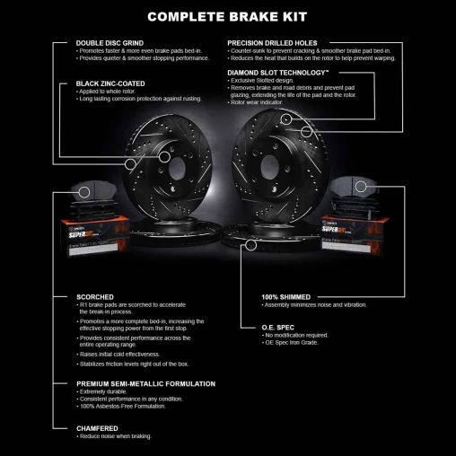 Black Drilled & Slotted Rotors with SUPER Heavy Duty Pads