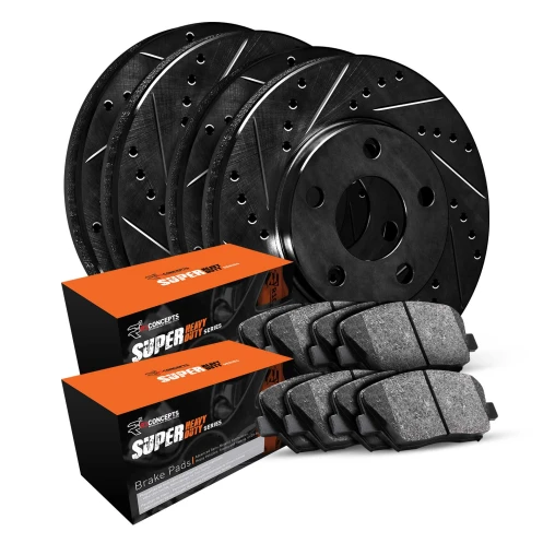 Black Drilled & Slotted Rotors with SUPER Heavy Duty Pads