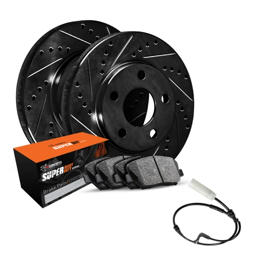 R1 eLINE Black Series Drilled and Slotted Brake Rotors; R1 SUPER Heavy Duty Series Brake Pads; Sensor