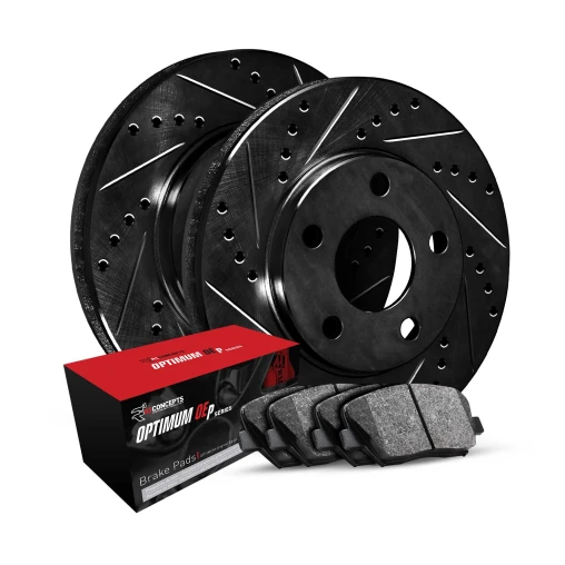 R1 eLINE Black Series Drilled and Slotted Brake Rotors; R1 OPTIMUM OEp Series Brake Pads