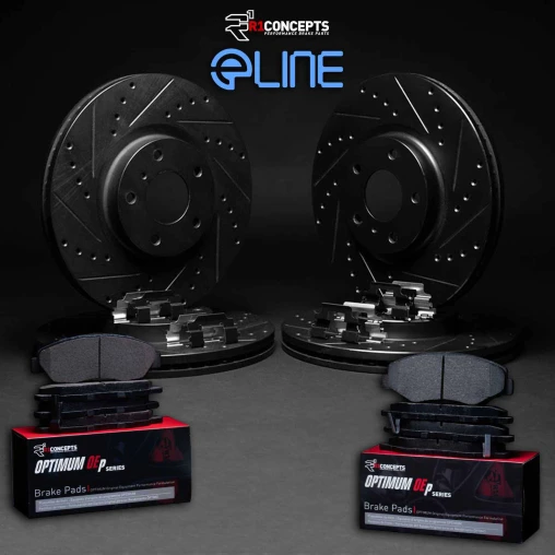 Black Drilled & Slotted Rotors with OPTIMUM OEp Pads and Hardware