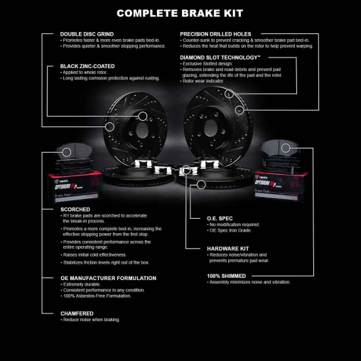 Black Drilled & Slotted Rotors with OPTIMUM OEp Pads and Hardware