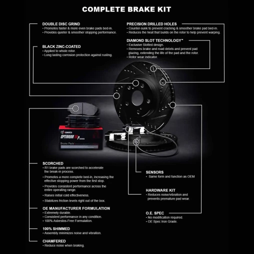 Black Drilled & Slotted Rotors with OPTIMUM OEp Pads, Hardware and Sensor