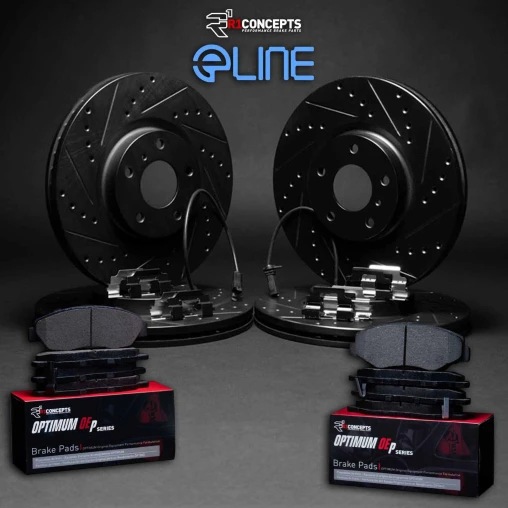 Black Drilled & Slotted Rotors with OPTIMUM OEp Pads, Hardware and Sensor