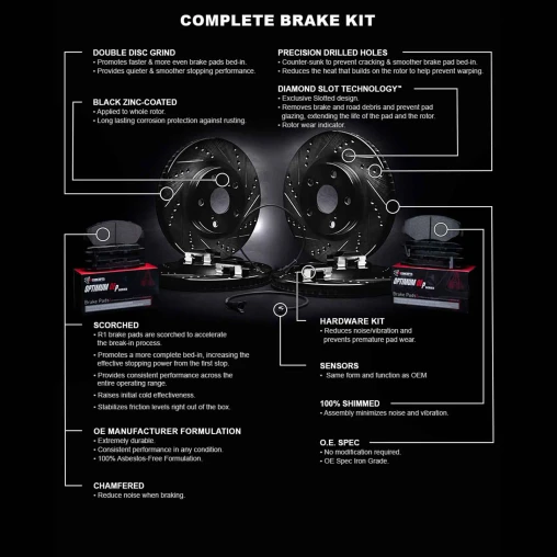 Black Drilled & Slotted Rotors with OPTIMUM OEp Pads, Hardware and Sensor