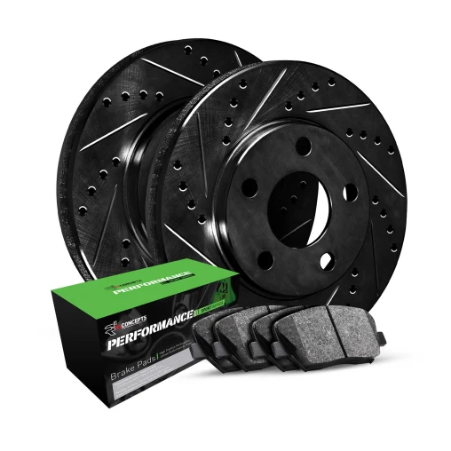 R1 eLINE Black Series Drilled and Slotted Brake Rotors; R1 PERFORMANCE Sport Series Brake Pads