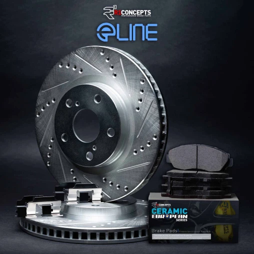 R1 eLINE Silver Series Drilled and Slotted Brake Rotors; R1 CERAMIC European Series Brake Pads; Hardware