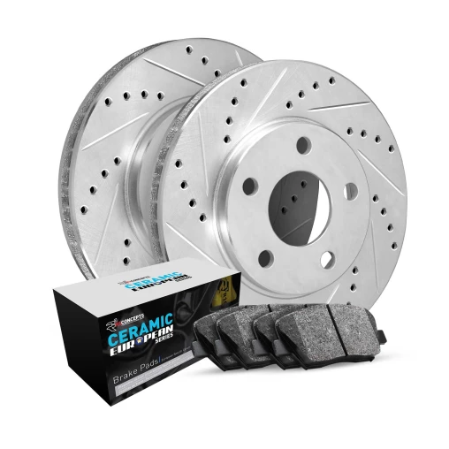 R1 eLINE Silver Series Drilled and Slotted Brake Rotors; R1 CERAMIC European Series Brake Pads