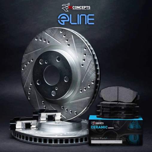 R1 eLINE Silver Series Drilled and Slotted Brake Rotors; R1 CERAMIC Series Brake Pads; Hardware
